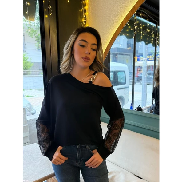 Lucky Life Kadın Uzun Kollu Tek Omuzu Açık Askılı Toka Ve Dantel Detay Viskon Iki Iplik Bluz - 2