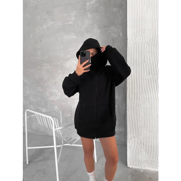 Samuray ZIP Fermuarlı Kapüşonlu SweatShirt- Siyah - 3