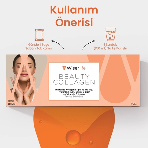 Wiserlife Beauty Collagen Hidrolize Kolajen Tip I-III Hyaluronik Asit Glisin L-Lizin ve Vitamin C İçeren Takviye Edici Gıda 30 - 4