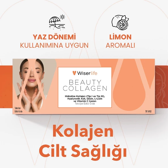 Wiserlife Beauty Collagen Hidrolize Kolajen Tip I-III Hyaluronik Asit Glisin L-Lizin ve Vitamin C İçeren Takviye Edici Gıda 30