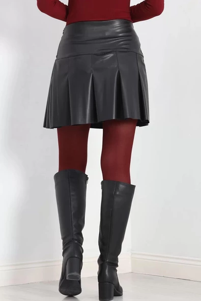 Pileli Tokalı Deri Etek Siyah - 24396.1893. - 7