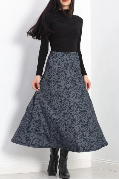 Kalın Kumaş Çizgi Desenli Etek Füme - 20881.1355. - 2