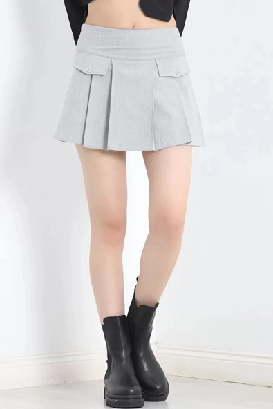 Cep Kapaklı Pileli Etek Gri - 12193.148. - 7