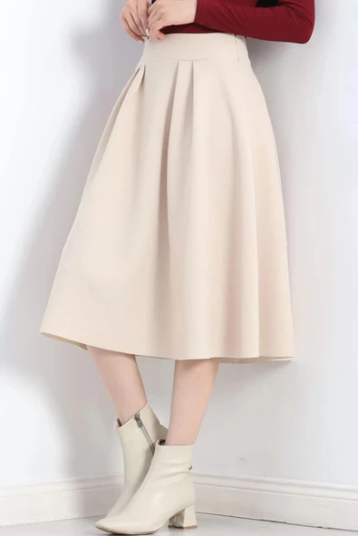 Çift Pileli Kloş Etek Krem - 20665.1892. - 3