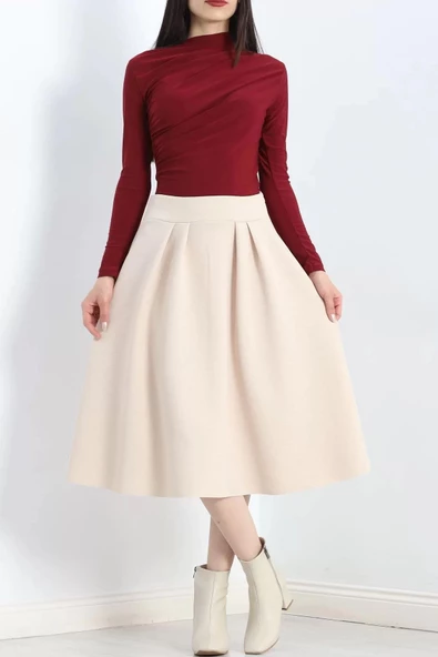Çift Pileli Kloş Etek Krem - 20665.1892. - 6