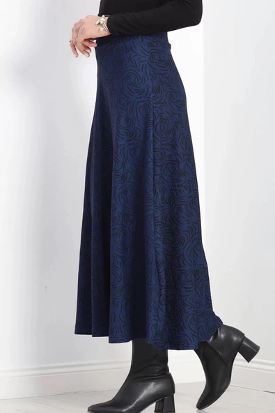Kalın Kumaş Çizgi Desenli Etek Lacivert - 20881.1355. - 3