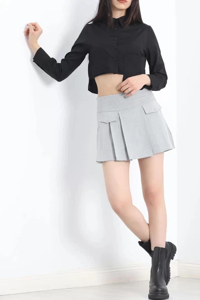 Cep Kapaklı Pileli Etek Gri - 12193.148. - 2