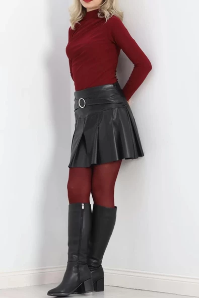 Pileli Tokalı Deri Etek Siyah - 24396.1893. - 4