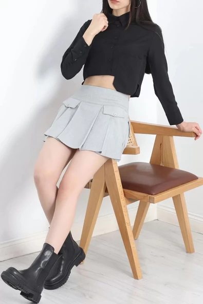 Cep Kapaklı Pileli Etek Gri - 12193.148. - 4