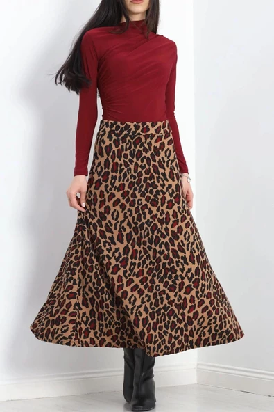 Krep Kumaş Desenli Etek Bordoleopar - 20565.1355. - 2