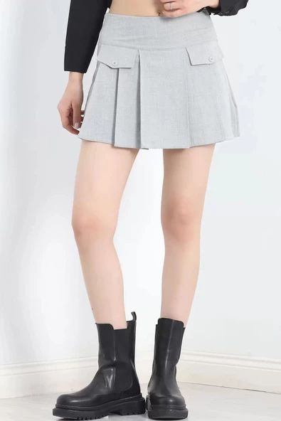 Cep Kapaklı Pileli Etek Gri - 12193.148. - 5