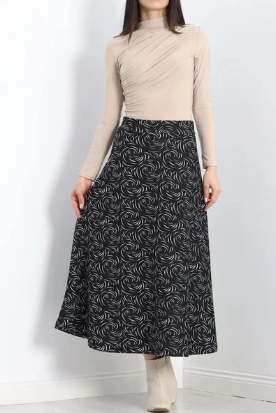 Kalın Kumaş Çizgi Desenli Etek Siyah - 20881.1355. - 3
