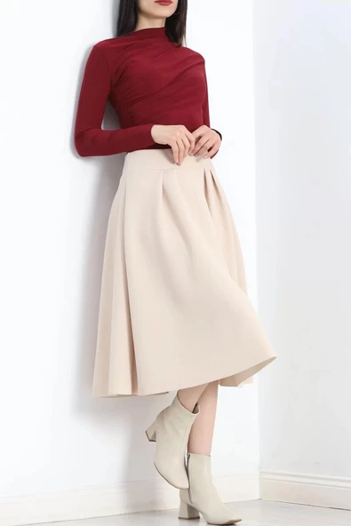 Çift Pileli Kloş Etek Krem - 20665.1892. - 4