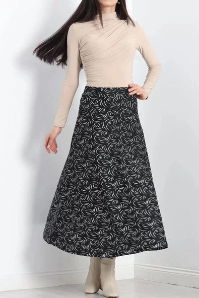 Kalın Kumaş Çizgi Desenli Etek Siyah - 20881.1355. - 8