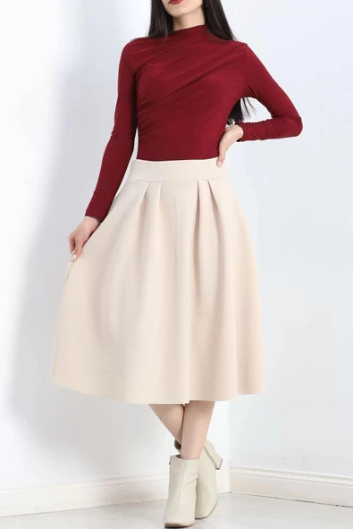 Çift Pileli Kloş Etek Krem - 20665.1892. - 2
