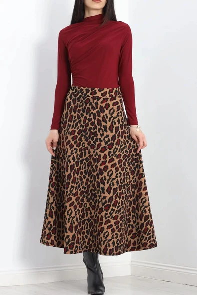 Krep Kumaş Desenli Etek Bordoleopar - 20565.1355. - 5