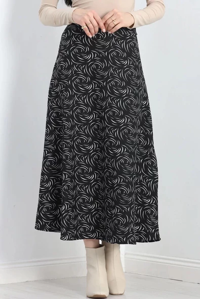 Kalın Kumaş Çizgi Desenli Etek Siyah - 20881.1355. - 4