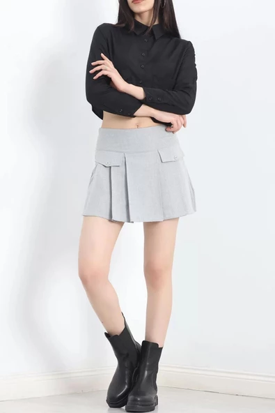 Cep Kapaklı Pileli Etek Gri - 12193.148. - 8