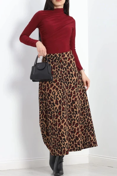 Krep Kumaş Desenli Etek Bordoleopar - 20565.1355. - 8