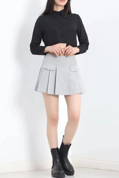 Cep Kapaklı Pileli Etek Gri - 12193.148. - 6