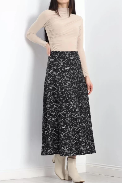 Kalın Kumaş Çizgi Desenli Etek Siyah - 20881.1355. - 7