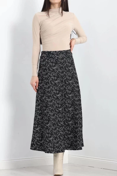 Kalın Kumaş Çizgi Desenli Etek Siyah - 20881.1355. - 5