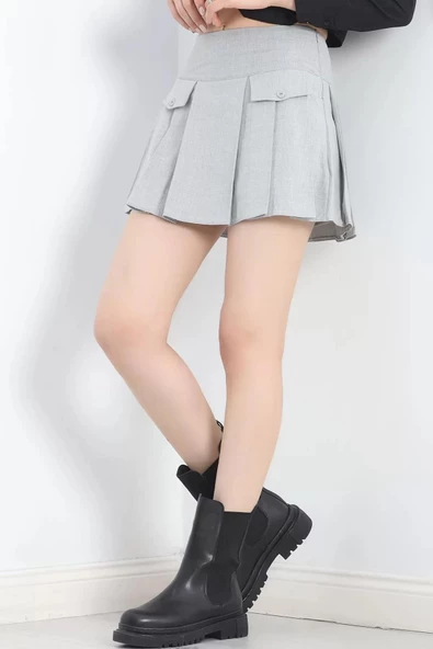 Cep Kapaklı Pileli Etek Gri - 12193.148. - 3