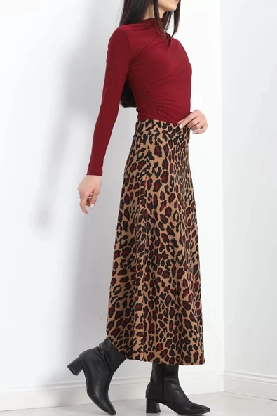 Krep Kumaş Desenli Etek Bordoleopar - 20565.1355. - 6