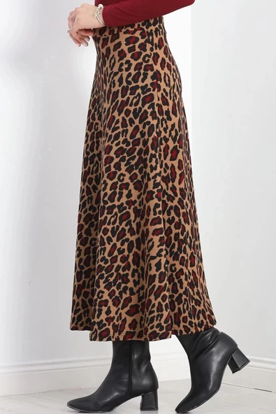 Krep Kumaş Desenli Etek Bordoleopar - 20565.1355. - 3
