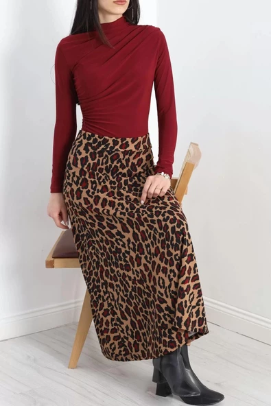 Krep Kumaş Desenli Etek Bordoleopar - 20565.1355. - 4
