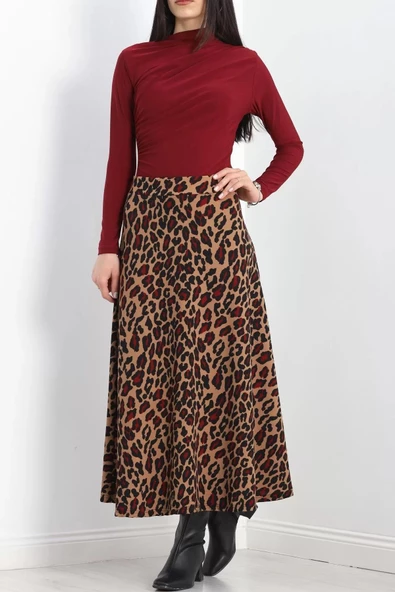 Krep Kumaş Desenli Etek Bordoleopar - 20565.1355. - 7