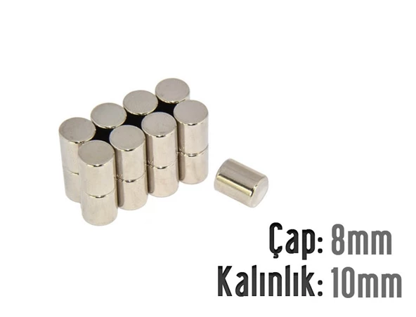 Neodyum Mıknatıs Silindir Çap 8mm , Kalınlık 10mm   ( 5 Adet)