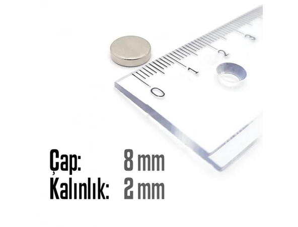 Neodyum Mıknatıs Silindir Çap 8mm , Kalınlık 2mm   ( 10 Adet) - 2