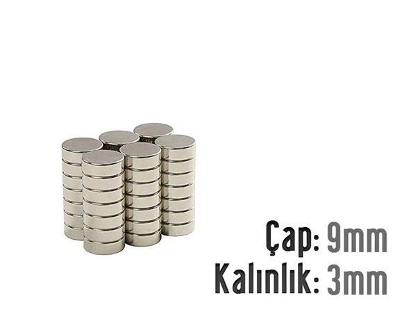 Neodyum Mıknatıs Silindir Çap 9mm , Kalınlık 3mm ( 10 Adet)