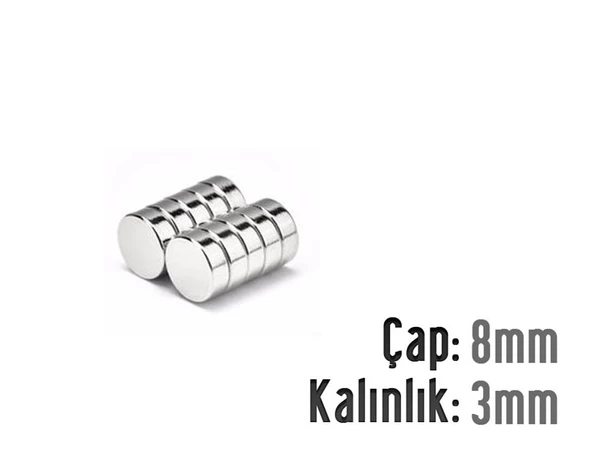 Neodyum Mıknatıs Silindir Çap 8mm , Kalınlık 3mm   ( 10 Adet) ürün görseli