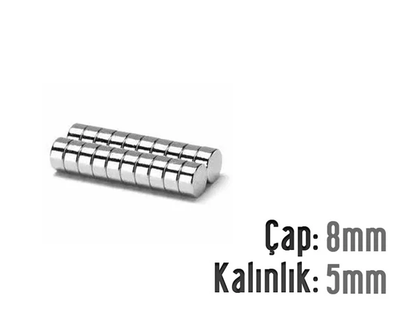 Neodyum Mıknatıs Silindir Çap 8mm , Kalınlık 5mm ( 10 Adet)