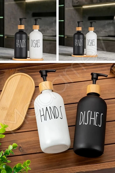 Hands Dishes 2’li Siyah Beyaz Dekoratif Mutfak Banyo Sıvı Cam Sabunluk Seti 500ml Bambu Stantlı Set - 2