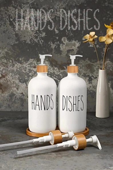 Hands Dishes 2’li Soft Beyaz Dekoratif Mutfak Banyo Sıvı Cam Sabunluk Seti 500ml Bambu Stantlı Set - 3