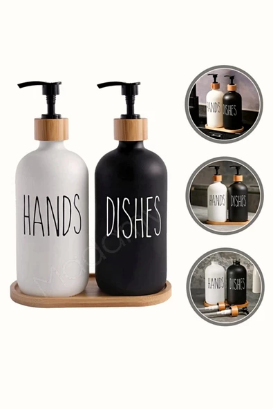 Hands Dishes 2’li Siyah Beyaz Dekoratif Mutfak Banyo Sıvı Cam Sabunluk Seti 500ml Bambu Stantlı Set - 4