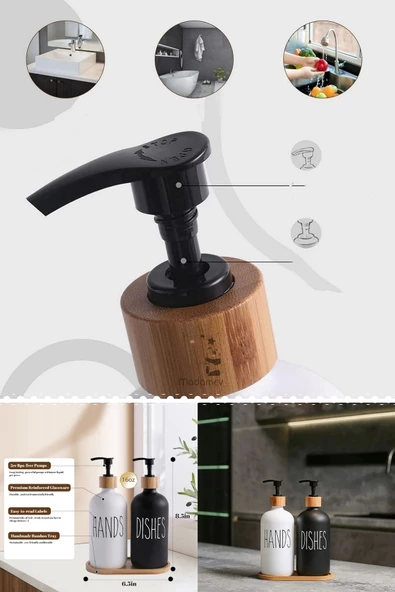 Hands Dishes 2’li Siyah Beyaz Dekoratif Mutfak Banyo Sıvı Cam Sabunluk Seti 500ml Bambu Stantlı Set - 3