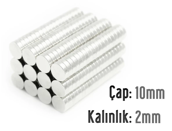 Neodyum Mıknatıs Silindir Çap 10mm , Kalınlık 2mm   ( 10 Adet)