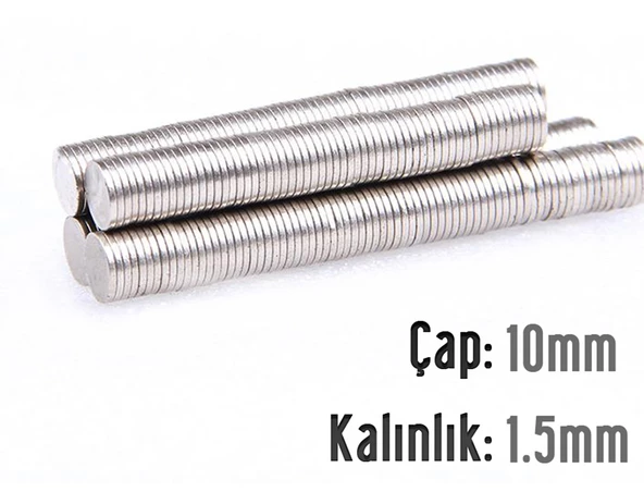 Neodyum Mıknatıs Silindir Çap 10mm , Kalınlık 1.5mm   ( 10 Adet) ürün görseli