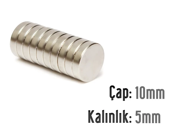 Neodyum Mıknatıs Silindir Çap 10mm , Kalınlık 5mm ( 10 Adet)