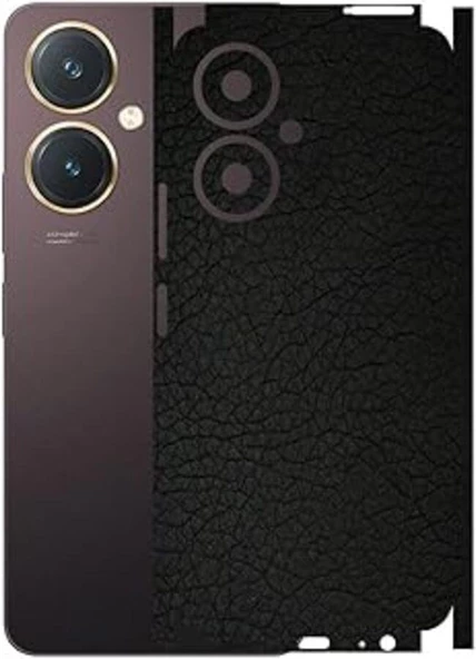 Vivo Y27 ile Uyumlu Deri Desenli Siyah Arka Kaplama
