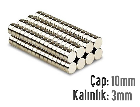 Neodyum Mıknatıs Silindir Çap 10mm , Kalınlık 3mm   ( 10 Adet)