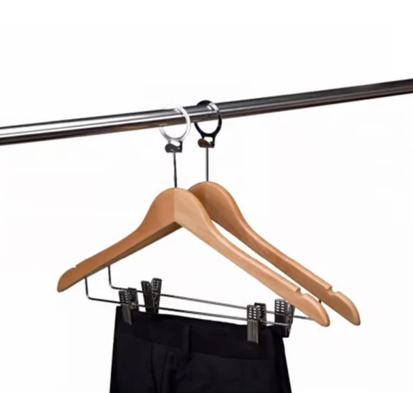 10 Adet Otel Tipi Ahşap Mandallı Etek Pantolan Elbise Kostüm Askısı Orijinal Askı Yerli Halkalı Askılık - 4