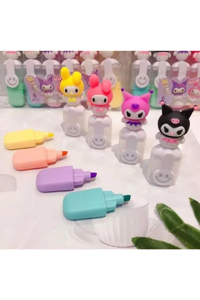 Kuromi Fosforlu Kalem 6 adet 1 Paket Trend Model Öğrenci Seti İşaretleme Kalemi - 4