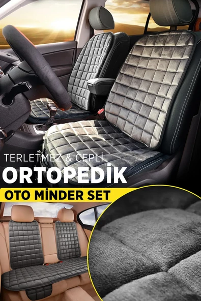 Seat Leon Antrasit Renk Tay Tüyü Cepli & Terletmez Sırtlı Oto Koltuk Minder Seti - Koltuk Koruma Kılıfı (ÖN & ARKA TAM SET) - 2