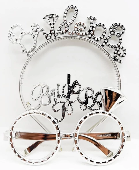 NessiWorld BrideToBeYazılıTaçveBrideToBeYazılıGözlükSetiGümüşRenk