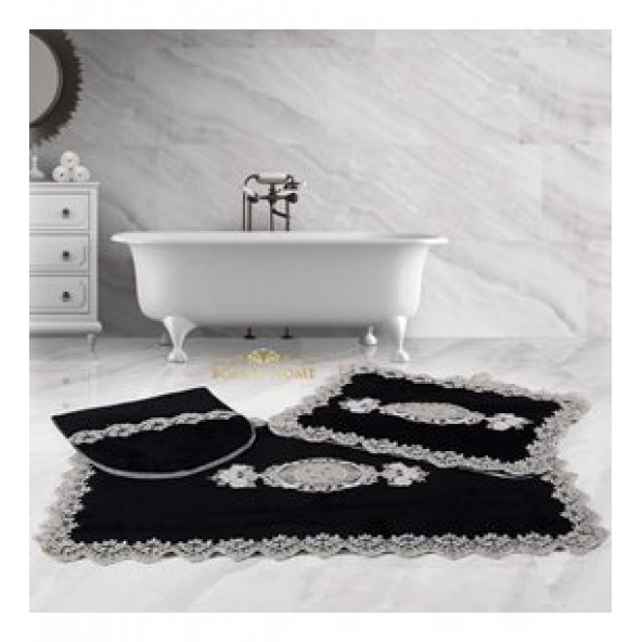 Bonny Home Lisa Köşeli Siyah 3lü Fransız Dantelli Klozet Takımı Çeyizlik Banyo Halısı Paspası Seti
